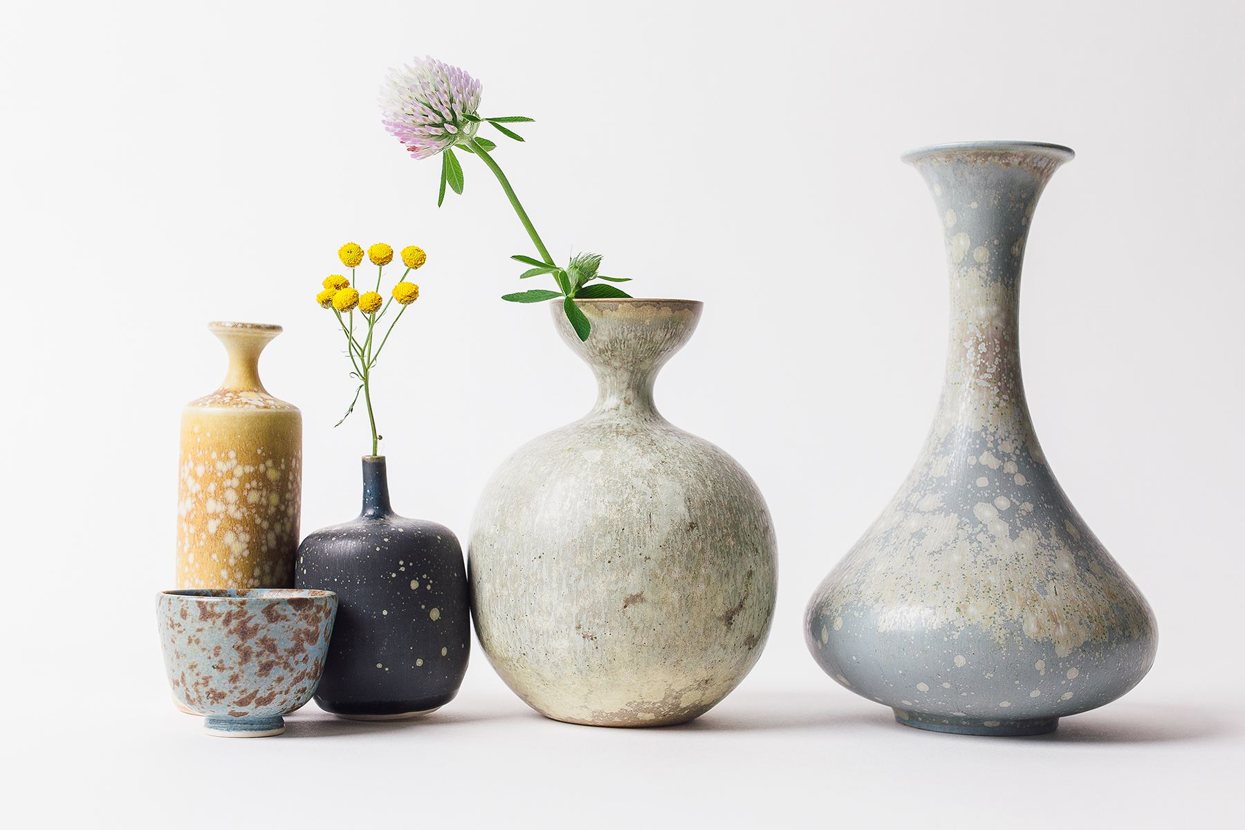 Variety of vases with narrow necks.